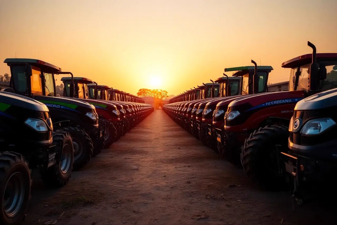 Rows of new tractors at a dealership yard