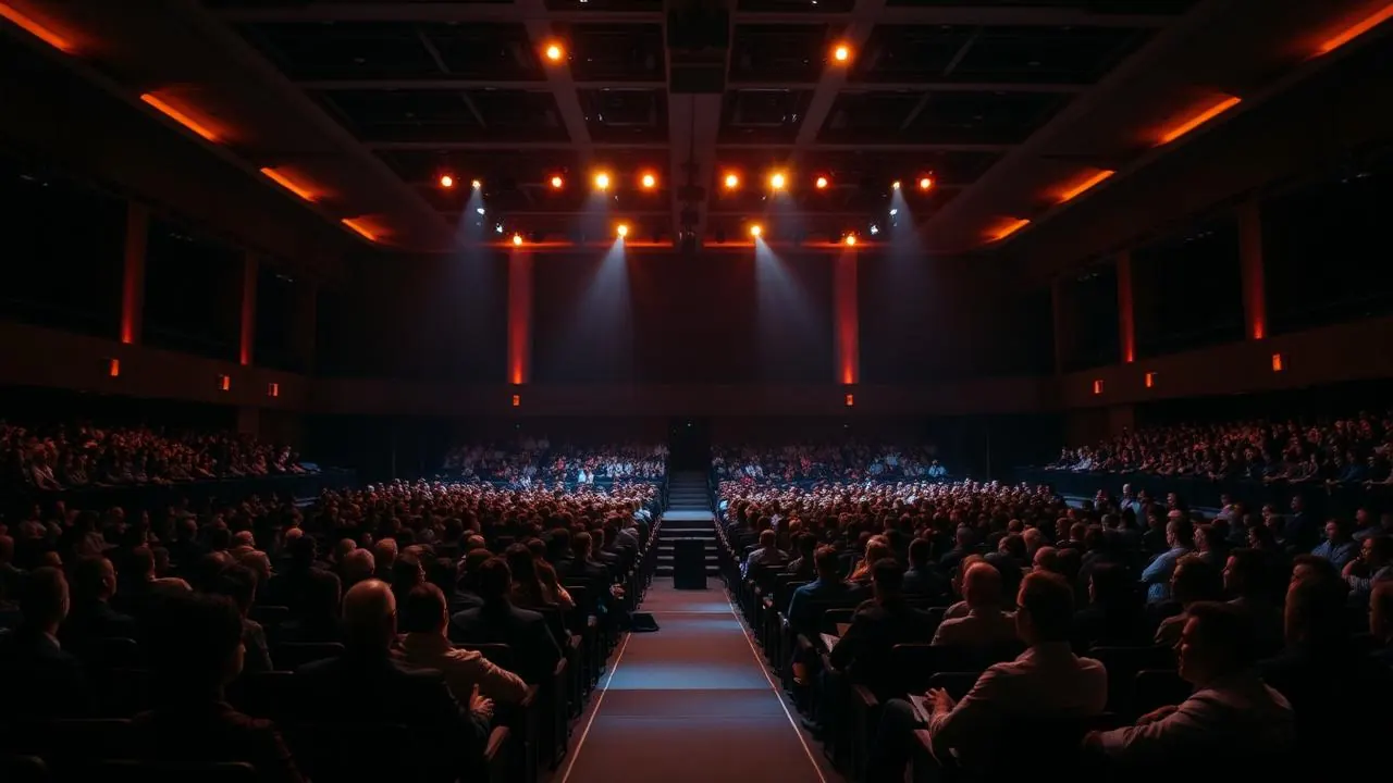 A packed corporate auditorium during a live leadership session