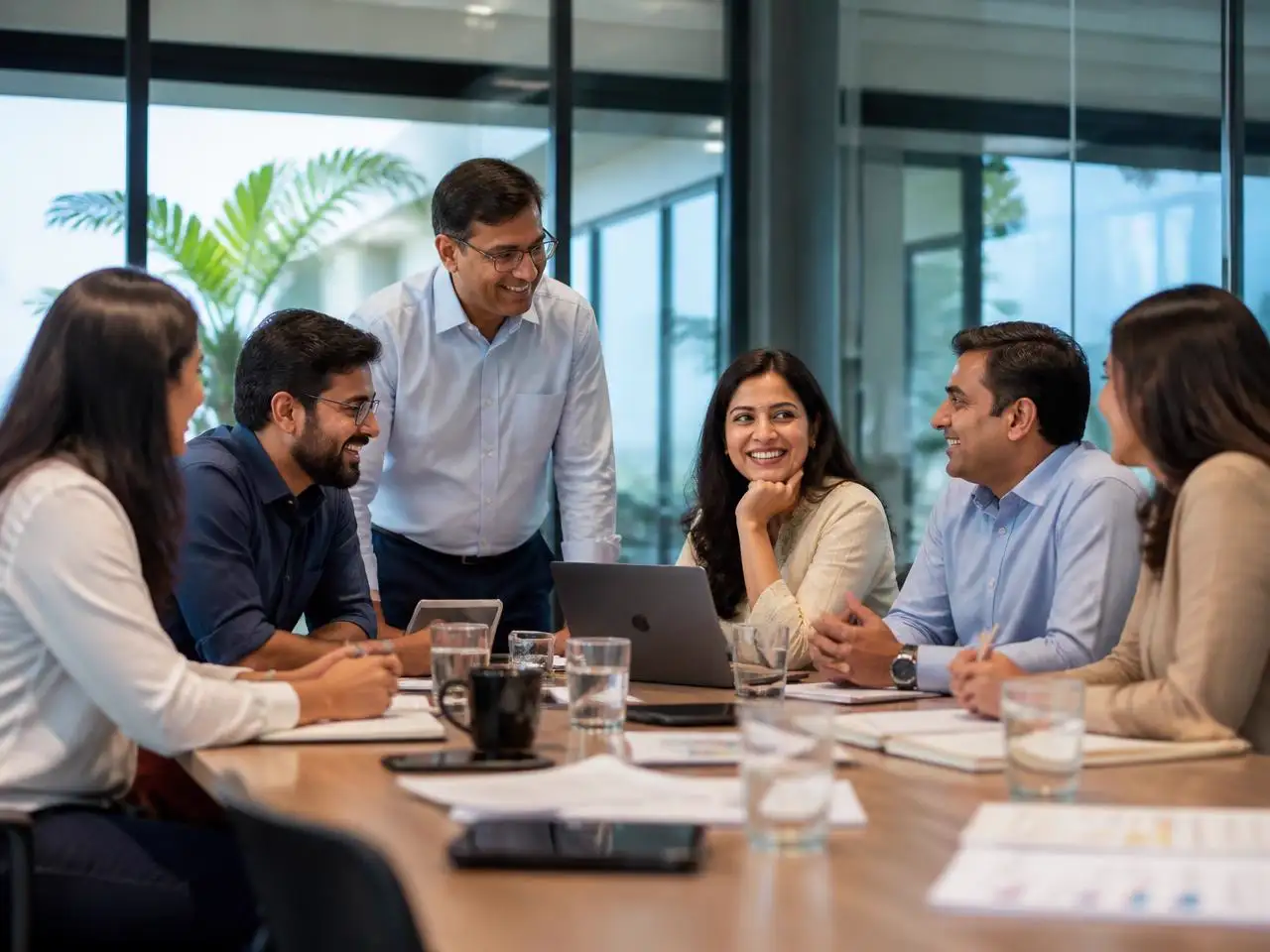 Leadership team in discussion around a boardroom table