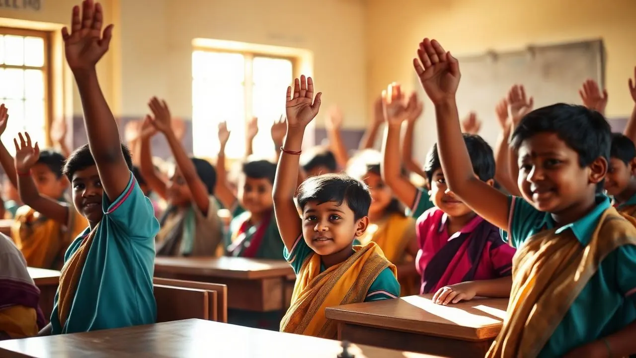 School students raising their hands in a bright classroom